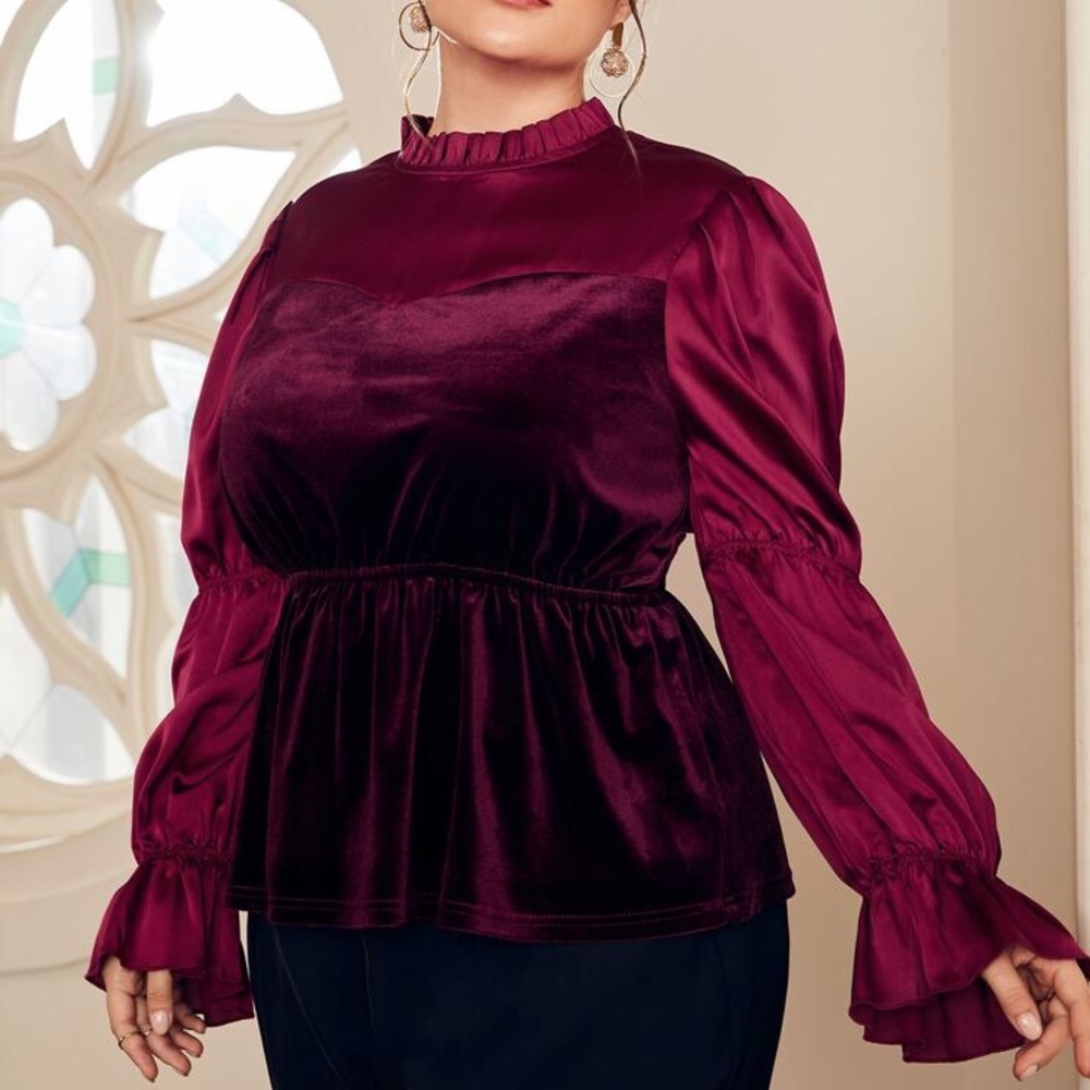 Plus Burgundy Frill Long Sleeve Blouse
